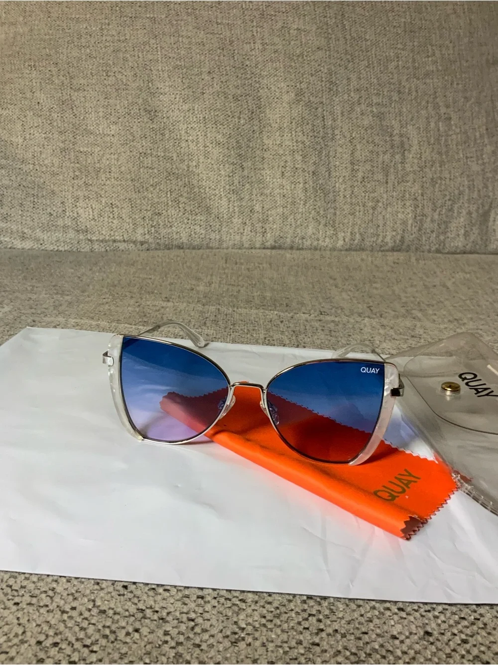 Quay Australia Clear Frame Sunglasses with Blue-to-Red Gradient Lenses